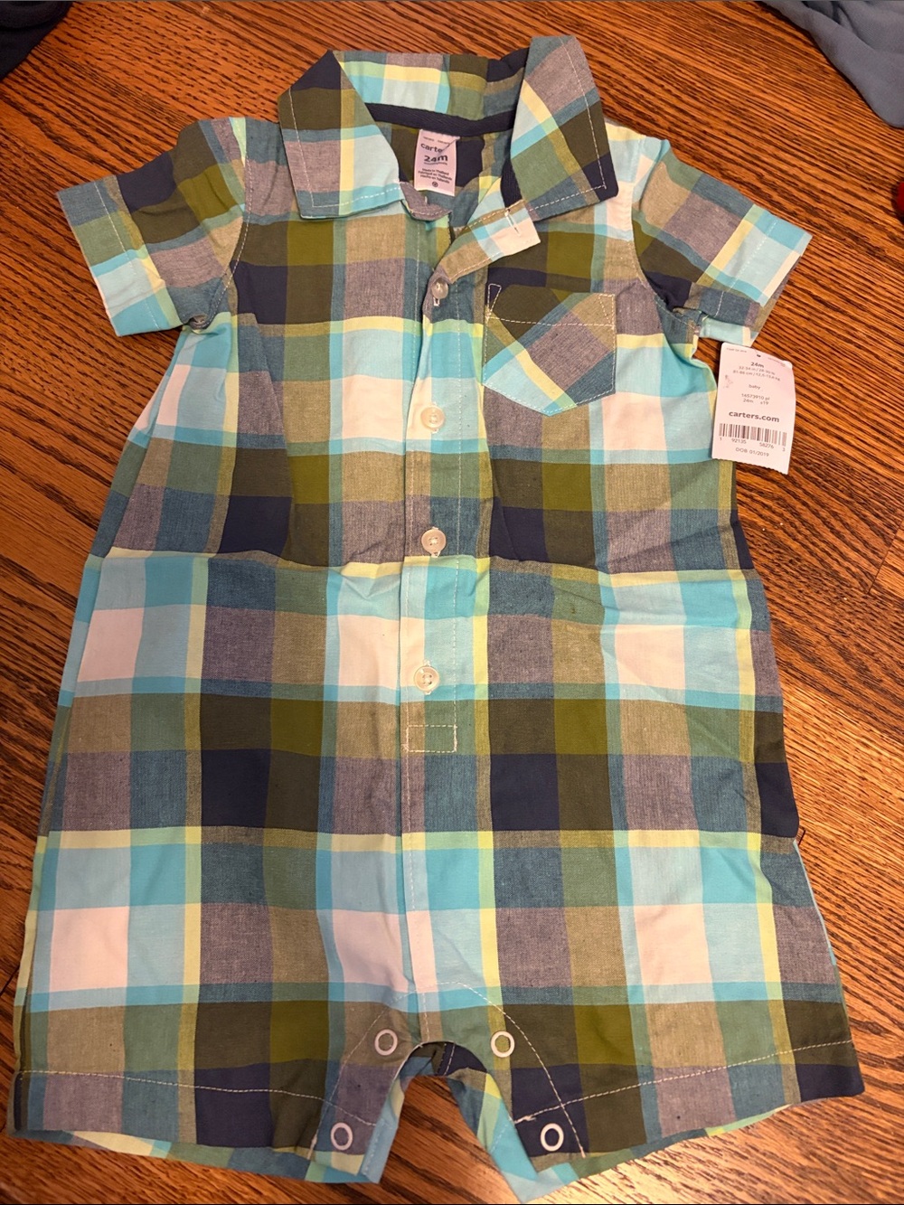 Carter's Blue, Green & White Plaid Short-Sleeve Button Romper